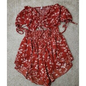 Womens Top & Skort Set Size XL Brown Cropped Cold Shoulder Top  Wide Leg Juniors
